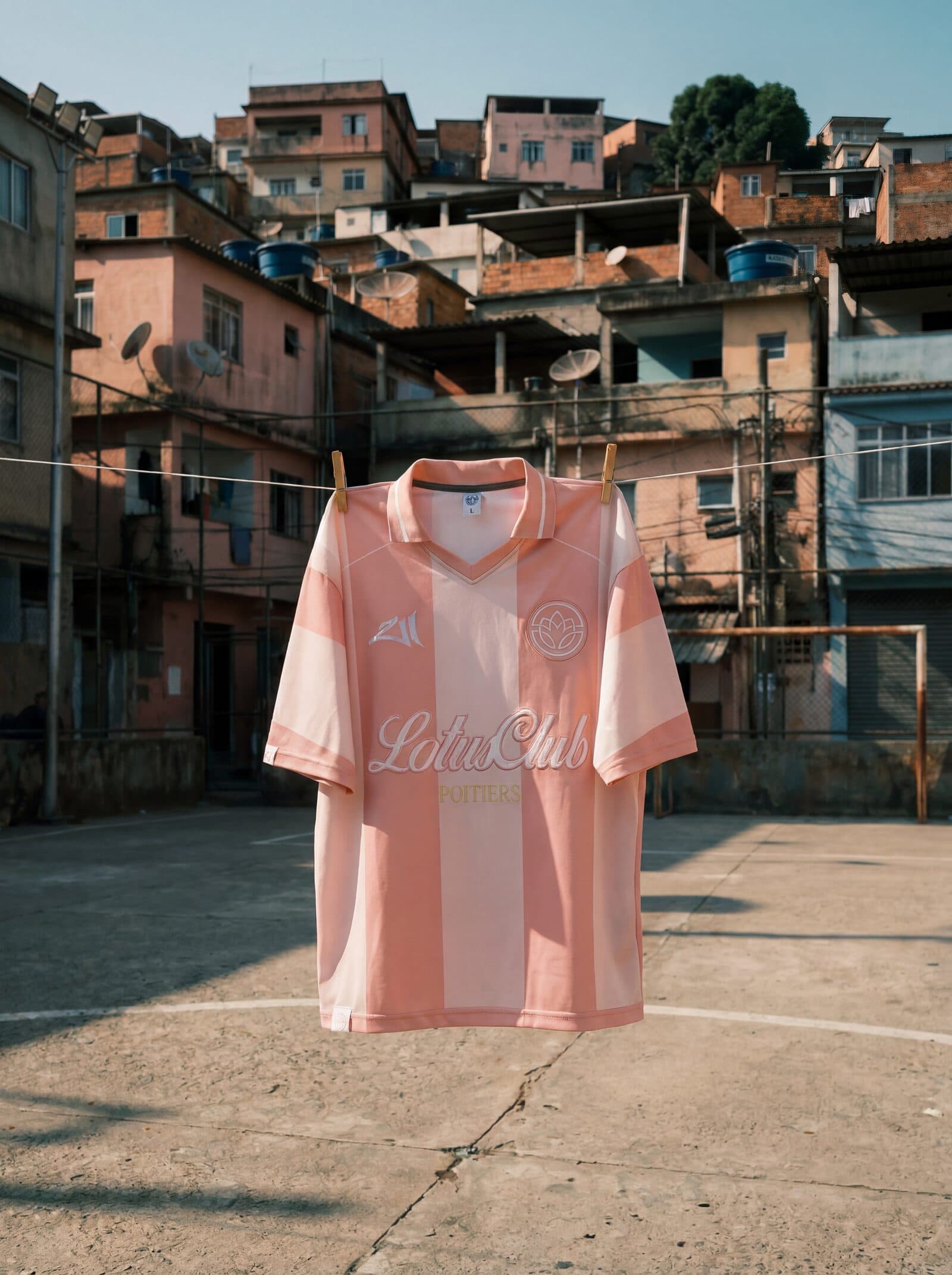 Polo rose Lotus Club Clothing étendu sur un fil, golden hour