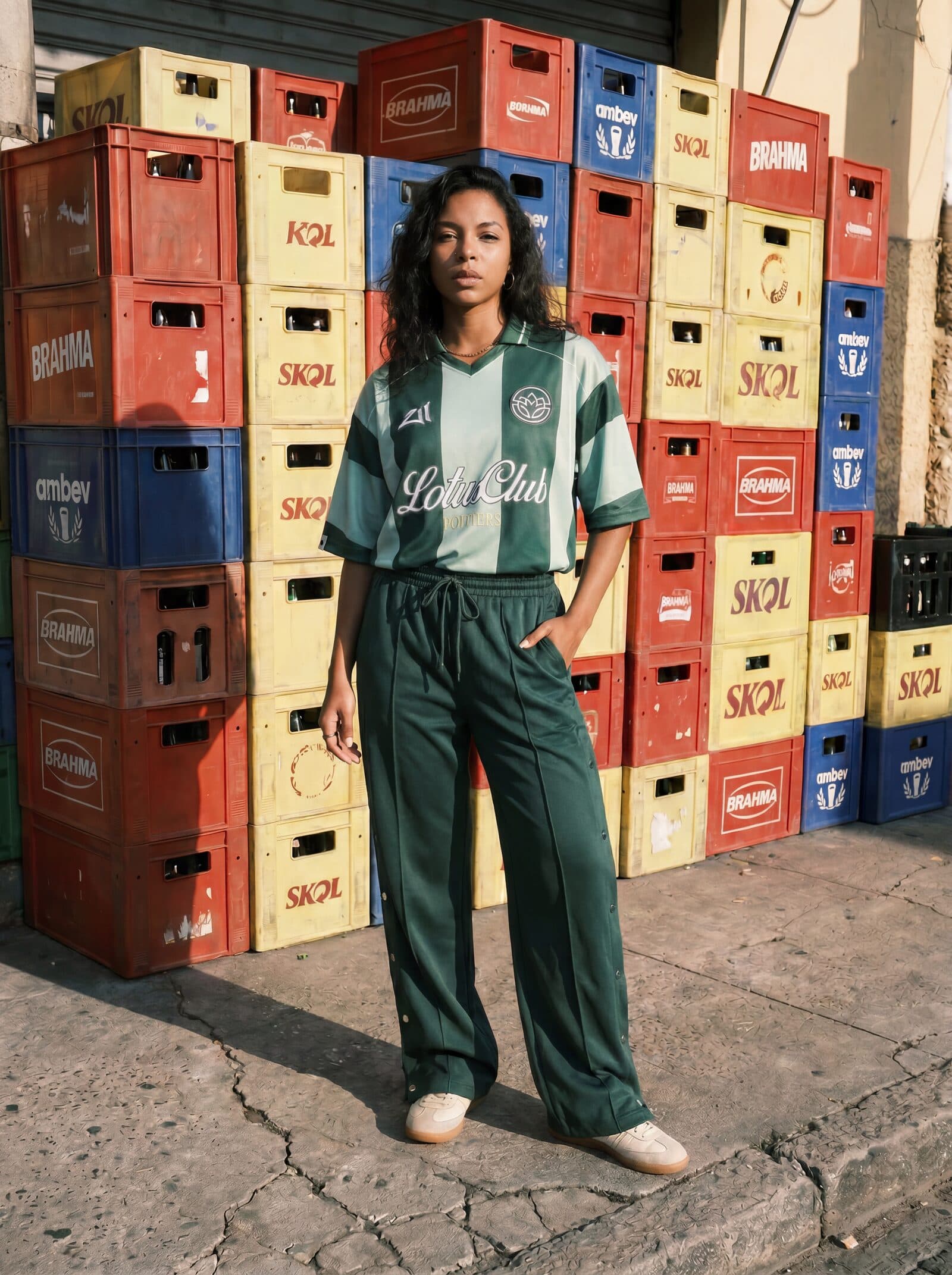 Total look vert Lotus Club Clothing porté devant des caisses colorées
